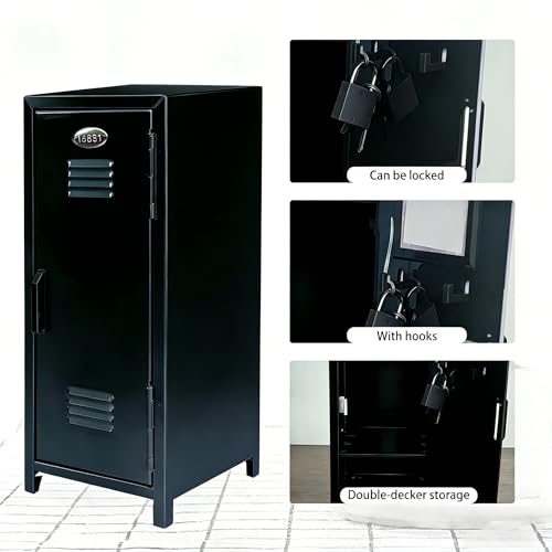 Image of Mini Locker with Lock Key Stickers Box Metal Small Locker Mini Locker Miniature Storage Girls Lockbox Desktop Storage Organizer for Cash Money Jewelry Safe Dollhouse Furniture Accessories (Black)