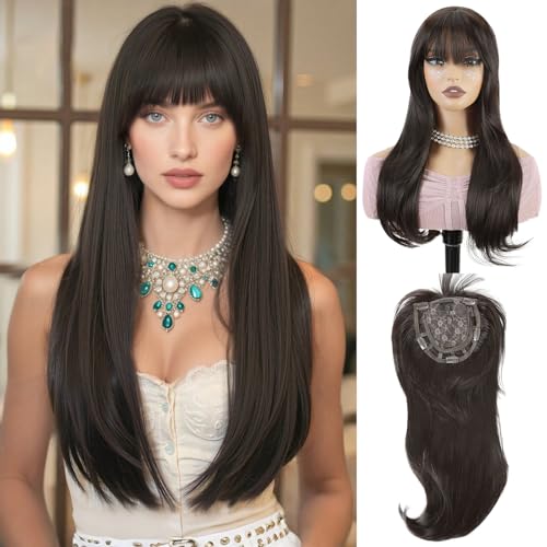 PHOCAS 21" Natural Straight Hair Toppers Hairpieces for Women with Thinning Hair Topper with Bangs Long Dark Brown Clip In Hairline Topper 360° Full Coverage Synthetic Wiglets Hairpieces