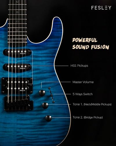 Fesley FDK800 Electric Guitar, Full Size Solid Body Electric Guitar Beginner Kit, 6 String Guitar With Hss Pickups & 24 Frets, Poplar Body Flame Maple Top Maple Neck thumb #2