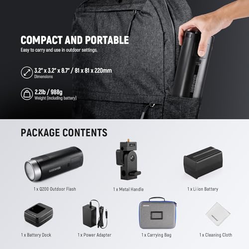 NEEWER Q200 Monolight 200Ws 2.4G TTL 1/8000 HSS App Control Outdoor Studio Strobe with Cleaning Cloth 3200mAh Battery Photography Speedlite 10W Modeling Light 0.01-1.5s Recycle 750 Full Power Flash