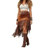 Déguisement d'Indien pour Femmes Sexy Jupe Sexy Boho Robe en Cuir Souple Jupe à Franges A-Ligne Déguisement d'Indien Jupes Western Jupe à Franges Western Mini-Jupe Carnaval Costume Taille Haute, Café