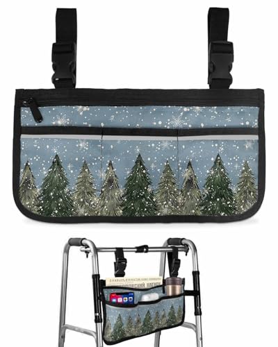 Anzona Blue Christmas Trees Wheelchair Side Bag Walker Bag, Winter Xmas Trees Snowflake Wheelchair Accessories Armrest Pouch, Organizer Storage Bag for Walkers, Rollators, Scooters, 7.3''x13''