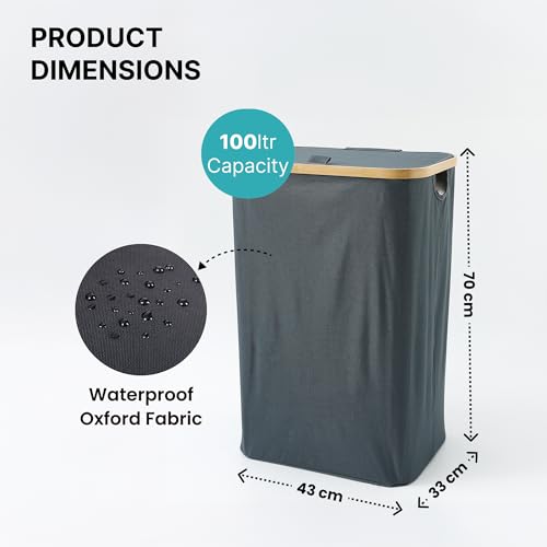 Image of The Better Home Foldable Laundry Basket with Bamboo Rim & Oxford Fabric | 100L Laundry Hamper for Clothes | Collapsible Laundry Bag for Bedroom, Bathroom & Family Use | Grey