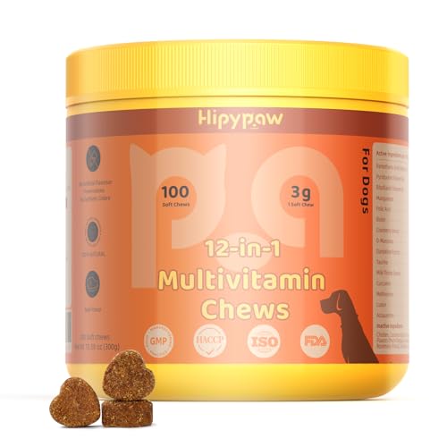 Hipypaw Dog Multivitamin Chewable: 12-in-1 Dog Vitamins & Supplements with Glucosmine Chondroitin Probiotics Omega 3 Cod Liver Oil CoQ10 Astaxanthin for Joint Gut Heart Eye Brain Immune Support