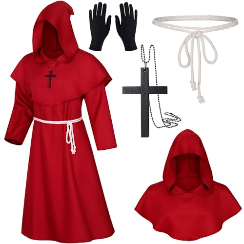 XCMVCN Mönch Robe Mittelalter Renaissance Robe, Herren Kapuze Mönch Robe Priester Kostüm, mit Kreuz-Halskette, Handschuhe und Kordel,Halloween, Karneval und Rollenspiel Kostüme(Rot，XL)