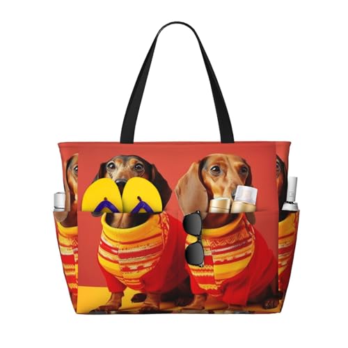 Cute Dachshund Beach Bags For Women Large Waterproof Sandproof Beach Tote Bag Pool Bag Lightweight Zipper Carry On Bag For Gym Travel Vocation - Main Image