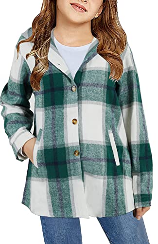 Image of Girls Cute Flannel Plaid Button Down Top with Pockets Long Sleeve Hooded Jacket