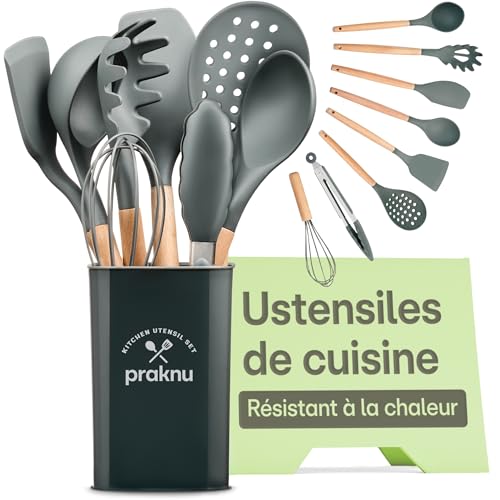 Ustensiles de Cuisine en Silicone Gris- 8 pcs Accessoire Cuisine en Bois & Silicone Résistant à la Chaleur - Certifié par la FDA - Sécurité Alimentaire -...