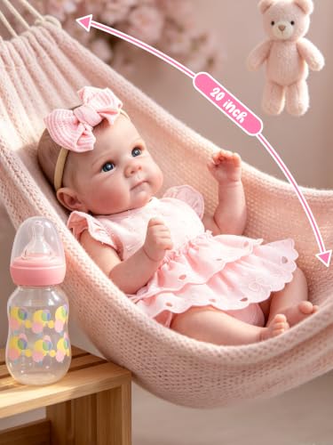 EKOKIZ Lifelike Reborn Baby Doll 20 Inch, Realistic Newborn Girl with Pink Dress & Soft Silicone Vinyl, Handmade Collectible Doll for Kids Gift, Anxiety Relief, Dementia Therapy & Emotional Support — view 5