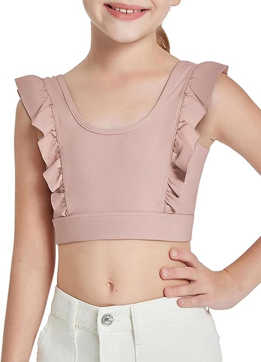 Haloumoning Mädchen Crop Top Sport BHS Rüschen Unterwäsche Fliegende Ärmelloses Ruffle Bauchfrei Yoga Ballett Tshirt für Kinder Tank Tops Rosa 130