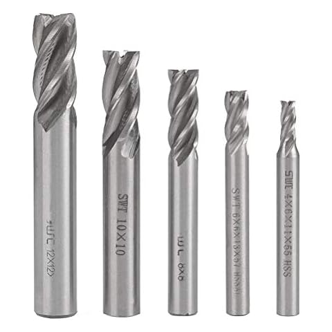 4,6,8,10,12mm End Mill Bits Set, 4 Flute End Mills Drill Bit Tool, Metric HSS CNC Lathe Straight Shank End Mill Cutter Tool Set for Milling of Kinds of Metal Cover