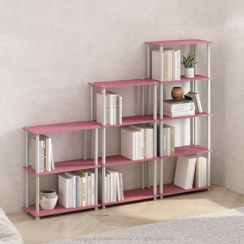 Image of Furinno TURN-N-TUBE Storage Shelves, 5-Tier Book Shelf, Corner Shelf, Toolless Open Shelves, for Organization and Storage, Living Room, Garage, Home Office, Pink