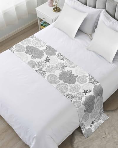Yukro Bed Runner Scarf, Coral Sea Snail Starfish Grey Black Costal Pattern Queen Bed Scarf Runner, No Fading Decorative Bedding Scarf for Bedroom Hotels Homes and Guestrooms