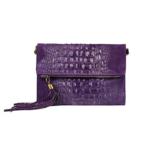 OBC Made in Italy Damen echt Leder Clutch Tasche Kroko Wildleder Handtasche Umhängetasche Ledertasche Schultertasche Fransen Cross-Over (Lila)