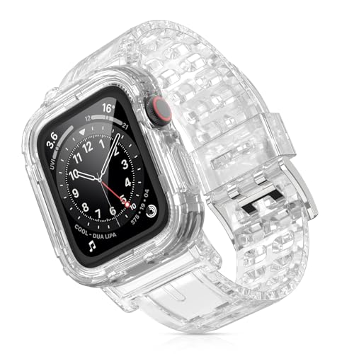 iMangoo for Apple Watch Bands with Bumper 45mm 44mm 42mm Jelly Sport Cover Strap Band Sweatproof Scratch Resistant Rugged Men Women for iWatch Series 11 10 9 8 7 6 5 4 3 2 1 SE Crystal Clear