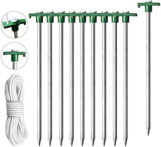 Eurmax USA Galvanized Non-Rust Camping Family Tent Pop Up Tent Stakes Ice Tools Heavy Duty 10pc-Pack, with 4x10ft Ropes & 1 Stopper