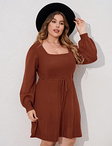Image of Women's Plus Size Casual Sweater Dress Square Neck Long Lantern Sleeve Tie Waist Loose Pullover Sweater Dresses