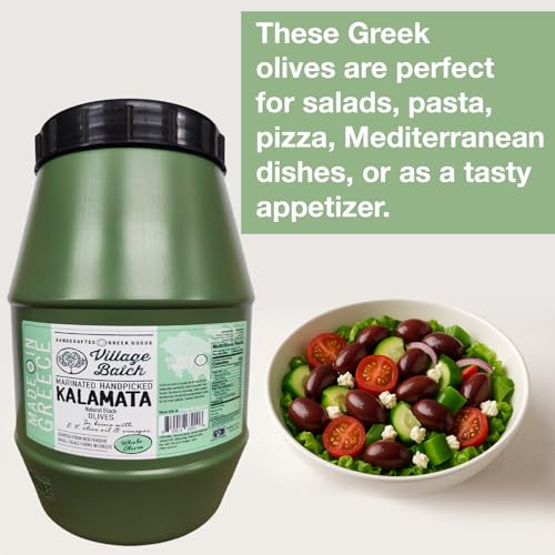 Village Batch Marinated Kalamata Olives Bulk 72oz (Pack of 1) Whole Greek Olives in Red Wine Vinegar and Sea Salt, Unpasteurized, and Naturally Cured Authentic Mediterranean Flavor