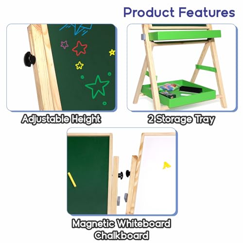 Image of Aditi Toys 2-in-1 Wooden Easel Board for Kids - Magnetic Whiteboard & Chalkboard, Adjustable Height, with Alphabets, Numbers, Marker, Chalks, Duster, Storage Trays, Safe Non-Toxic for Ages 3+