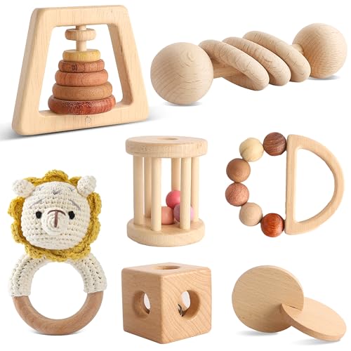 Image of Wooden Montessori Toys 7PCS Wooden Baby Toy for Babies 12-36 Months, Natural Wood Rattle Toy Set with Crochet Lion Rattle, Gift for Infant Boys Girls