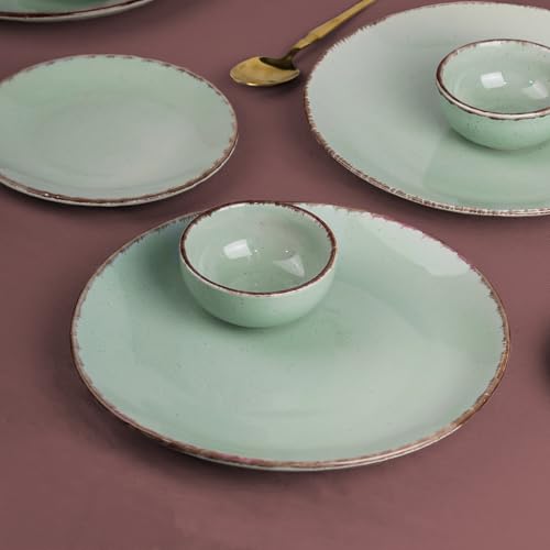 Image of The Earth Store Mint Ceramic Dinner Set of 8 Pieces Serving for 4, Microwave and Dishwasher Safe Plates & Bowls for Dining, Bone-Ash Free Crockery Set for Dining and Gifting