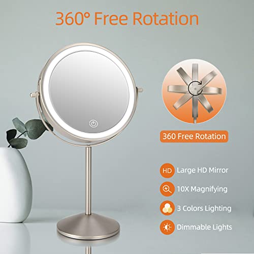 Funtouch Lighted Makeup Mirror With Magnification, Rechargeable Double Side 3 Color Lighting, Dimmable Vanity Mirror With Touch Control 360°Rotation Makeup Mirror For Desk, For Woman #TOP5