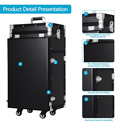 Eachbid Rolling Manicure Table, Black Aluminum Nail Workstation Desk With 4 Drawers Mirror Speaker, Lockable Cosmetic Trolley Storage Train Case Organizer Tool Box For Makeup Salon Travel #TOP4