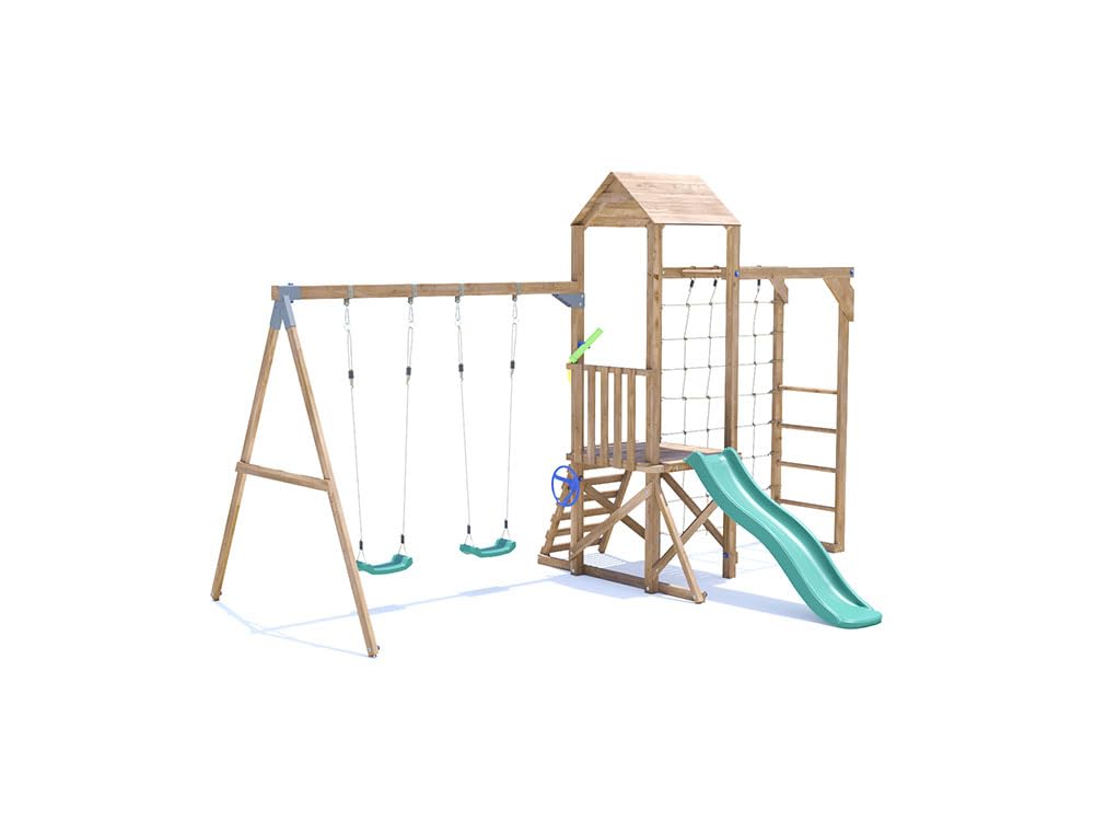 Dunster House Climbing Frame with Double Swing, Low Platform, Monkey Bars, Cargo Net & Slide SquirrelFort