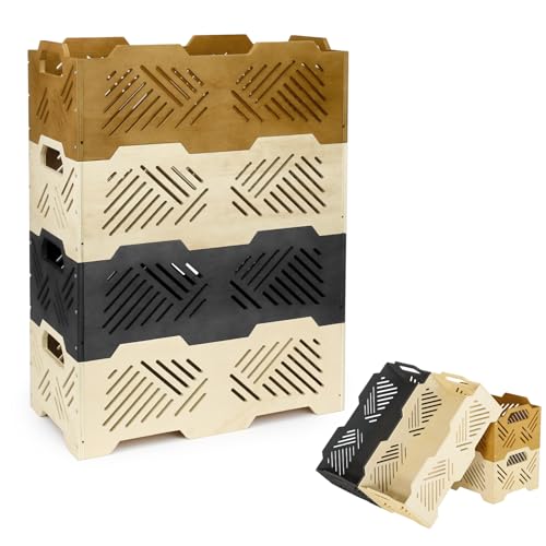 Wuciray Stapelbare Aufbewahrungsboxen Holz Belüftung Holzbox ohne Deckel 4er Set mit Griffen 47x23x34 cm Stapelbare Holzkisten für kleiderschrank Büro Schlafzimmer...