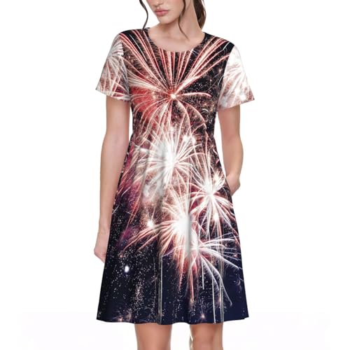 Robe décontractée à manches courtes pour femme à imprimé feu d'artifice