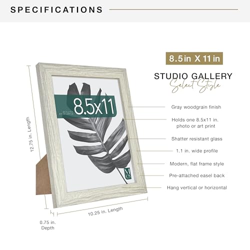 MCS Studio Gallery 8.5x11 Picture Frame Gray Woodgrain, Rectangle Photo Frame for Photos, Posters & Art Prints & Easel for Tapletop Display (1-Pack)