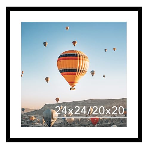 Image of JCJMY 24x24 Picture Frame Black with 20x20 Mat, Display Photo 20x20 with Mat or 24 x 24 Without Mat, Wall Hanging Large 24x24 Poster Frame with Shatter Resistant Plexiglass, Black