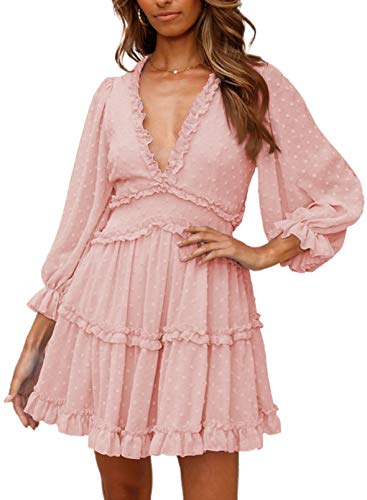 Dokotoo Womens Juniors Cute Spring Fit and Lantern Chiffon Long Sleeve Elegant Boho Hawaiian Flowy Mini Short Tunic Skirt Party Dresses for Women Party Casual Summer 2022 Pink Large