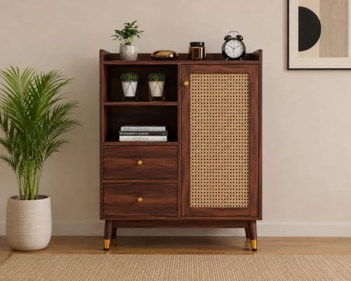 Image of Space Galaxy Sheesham Wood Chest of Drawer with Cane Rattan Door | Wooden Sideboard with 2 Drawers & Open Shelves | Storage Cupboard Organizer for Living Room & Home Furniture | Provincial Teak Finish