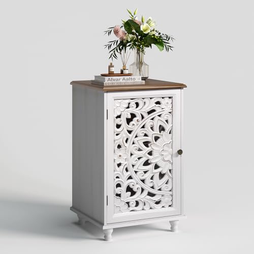 Image of JOINICE Accent Cabinet with Hand-Carved Door for Living Room /Bedroom | Hand-Carved Floral Design, Boho /Farmhouse /Rustic Style, Space-Saving, Sofa Table /End table, Solid Wood Legs, Adjustable Shelf