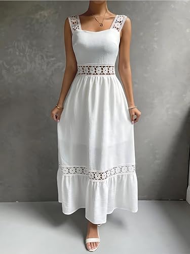 Image of White Crepe & Lace Crochet Midi Dress