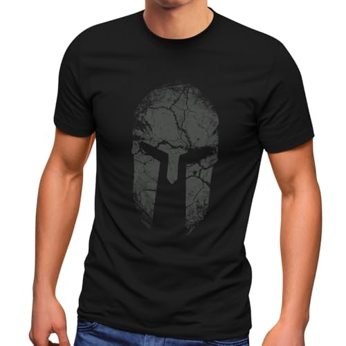 Neverless Herren T-Shirt Aufdruck Sparta Helm Spartan Warrior Fashion Streetstyle Schwarz XL