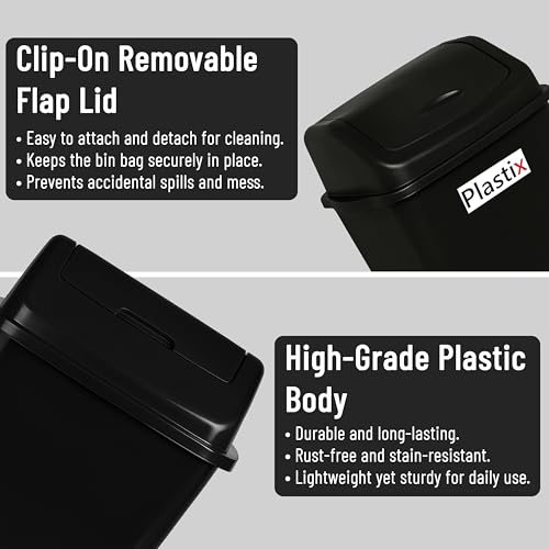 Plastix High Grade Plastic Black Swing Flip Top Waste Rubbish Kitchen Bin Dustbin (30L 30 Litre Large) - Image 2