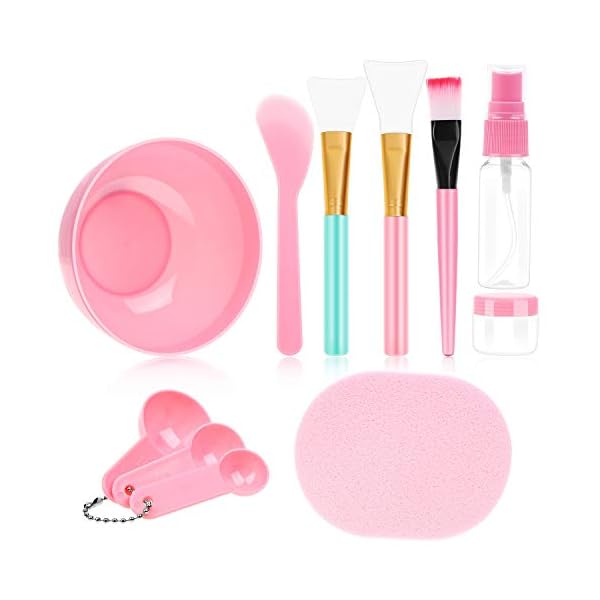 anezus 11 Pcs DIY Facial mask Mixing Tool Kit with Bowl Stick Spatula Silicone Brush Spray Bottle Puff Soaking Bottle Gauges (Pink)