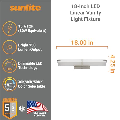 Image of Sunlite 85119 18-Inch LED Linear Vanity Light Fixture, 15 Watts (80W=), 950 Lumens, Color Selectable 30K /40K /50K, Dimmable, ETL Listed, Brushed Nickel, for Bathroom, Hallways & Walls