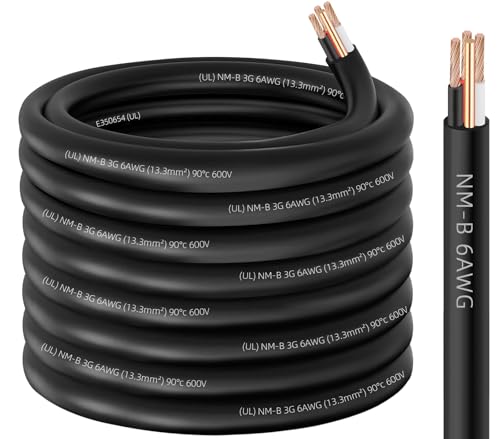 NM-B 6/3 Wire with Ground,75ft 6/3 6 Gauge NM-B Wire Copper 6 AWG 3 Conductor with Ground,Nonmetallic Sheathed NMB Cable,6-3 Residential Indoor Wiring for Branch Circuit Switches,Outlets,Other Loads