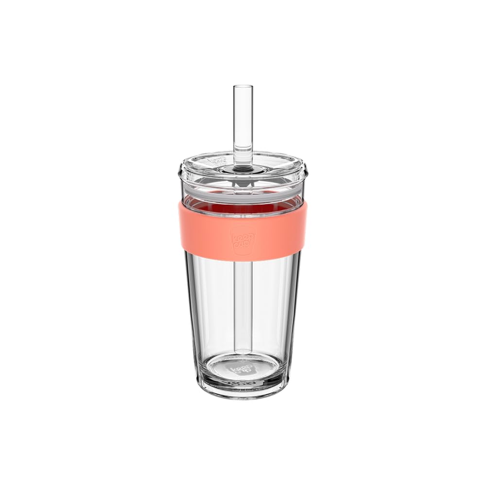 KeepCup Cold Cup - Longplay Double wall Glass Ice Coffee Tumbler with Lid and Straw - 16oz (454ml) - Californian Shrimp