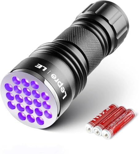 LEPRO Linterna Ultravioleta 21 LED, 395nm Linterna UV Portátil Luz Ultravioleta, Linterna Luz Negra para Detectar Manchas en Ropa, Alfombras, Rastros de Orina de Mascotas, Incluida 3 AAA Pilas