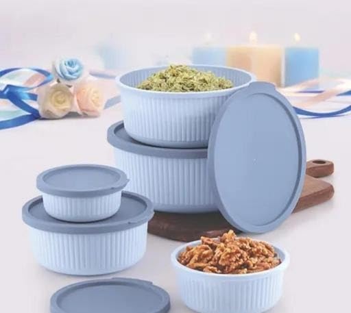 Image of 5-Piece Airtight Fluted Serving Bowl Set with Lids | Microwave Safe Plastic Food Storage Containers | Stackable Kitchen Blue Free Size
