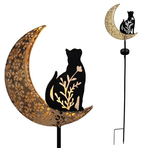ZEKAHAN Solar Cat Garden Stakes, Moon Cat-Shaped Outdoor Decorative Lights, Waterproof Crackle Glass Metal Lights for Pathway, Lawn, Patio, or Courtyard,Ideal Holiday Gift