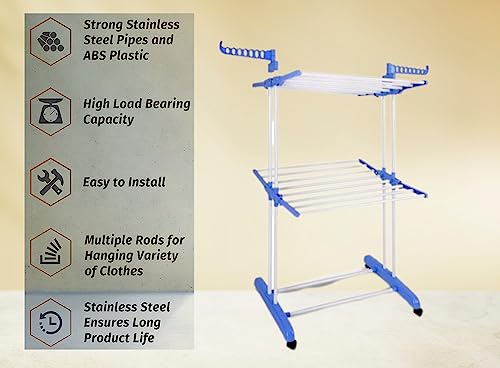 Image of Premium Foldable Stainless Steel Cloth Drying Stand (Blue, 2 Teir)