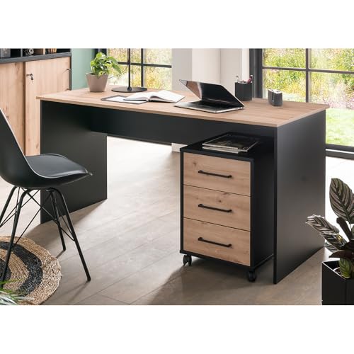 Lomadox Schreibtisch Set 2-teilig mit Rollcontainer in schwarz matt mit Eiche