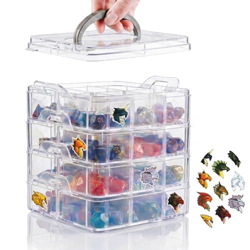 Image of PUGED DND Dice Storage Box with Removable Dividers Polyhedral Dice Plastic Organizer Holding Up To 1200 Dices Craft Bead Compartment Container with Stickers for Sewing, Jewelry, Art, DIY