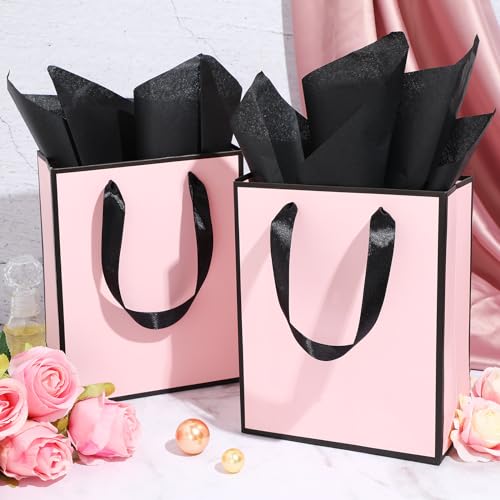 Image of Yeaqee 24 Pack Metallic Paper Gift Bag with Tissue, Light Pink and Black | with Satin Ribbon Handle and Tissue, 9x7x3.1 Inch, Suit Business, Birthday, Christmas, Thank You Return Gifts Bags