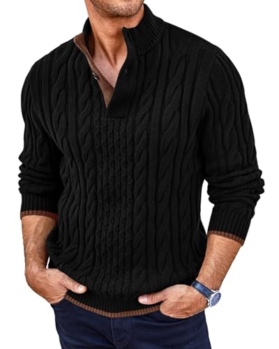 Yousify Mens Stand Collar Pullover Sweater Casual Cable Knitted Quarter Button Sweaters Winter Chunky Thermal Polo Sweaters